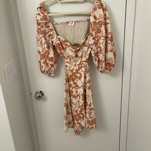 Lovers + Friends Floral Long Sleeve Dress in Cream and Brown